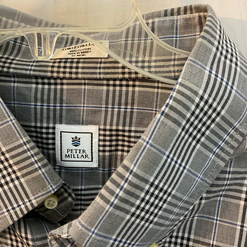 Peter Millar black gray plaid long sleeve button front shirt, size XXL